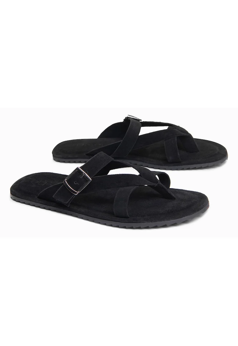 Slapi barbati din piele intoarsa, cu doua bretele de sustinere OM-FOSF-0253, Negru