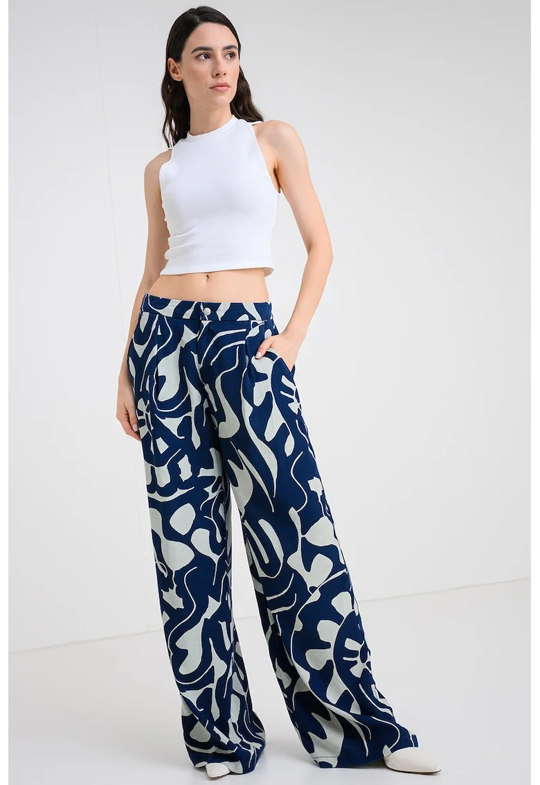 Pantaloni din lyocell cu croiala ampla si model abstract, Albastru indigo/Albastru glaciar