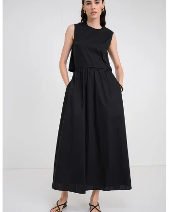 Rochie evazata din bumbac cu decupaj pe partea din spate, Negru