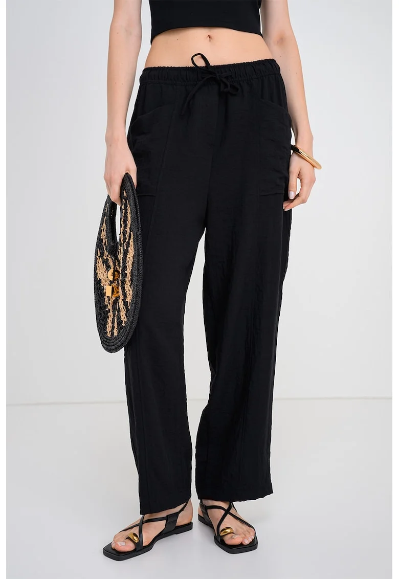 Pantaloni relaxed fit cu snur de ajustare in talie, Negru