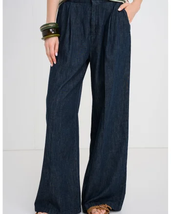 Pantaloni cu croiala ampla din material chambray cu buzunare oblice, Albastru inchis melange