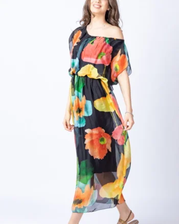 Rochie lunga, cu imprimeu floral multicolor pe fond negru, din matase si vascoza