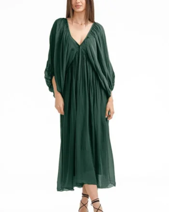 Rochie lunga din matase si vascoza, cu maneci ample si decolteu adanc, verde inchis