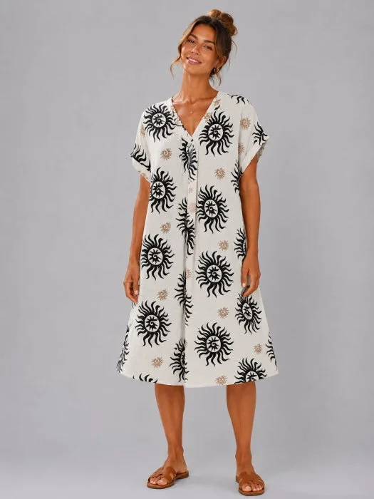 Rochie midi din vascoza cu imprimeu solar negru si decolteu in V
