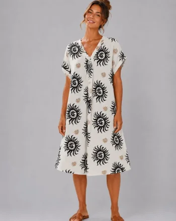 Rochie midi din vascoza cu imprimeu solar negru si decolteu in V
