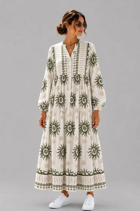 Rochie maxi din vascoza cu imprimeu solar si inspiratie boho, alb-kaki