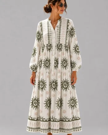 Rochie maxi din vascoza cu imprimeu solar si inspiratie boho, alb-kaki