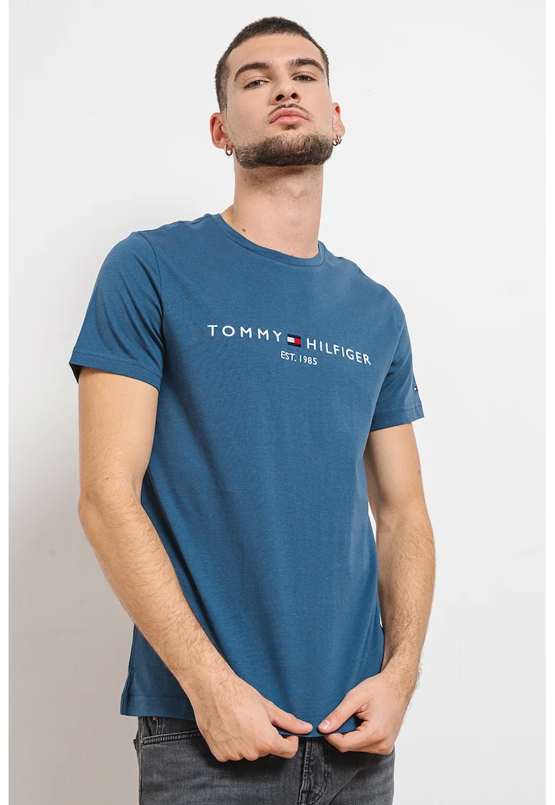 Tricou slim fit din bumbac cu broderie, Alb/Albastru inchis/Albastru