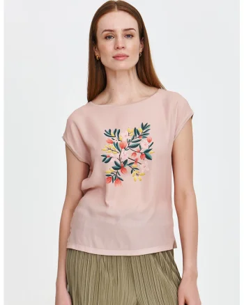 Tricou cu imprimeu floral, Roz prafuit