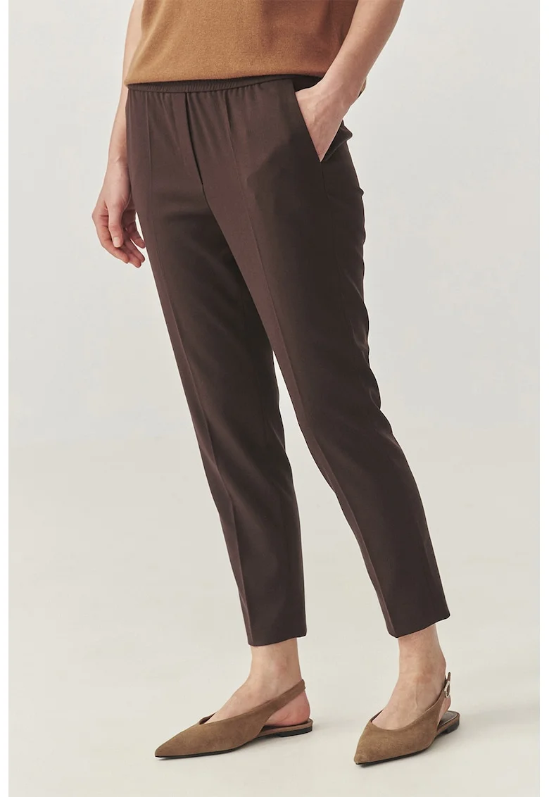 Pantaloni crop conici cu talie elastica, Maro
