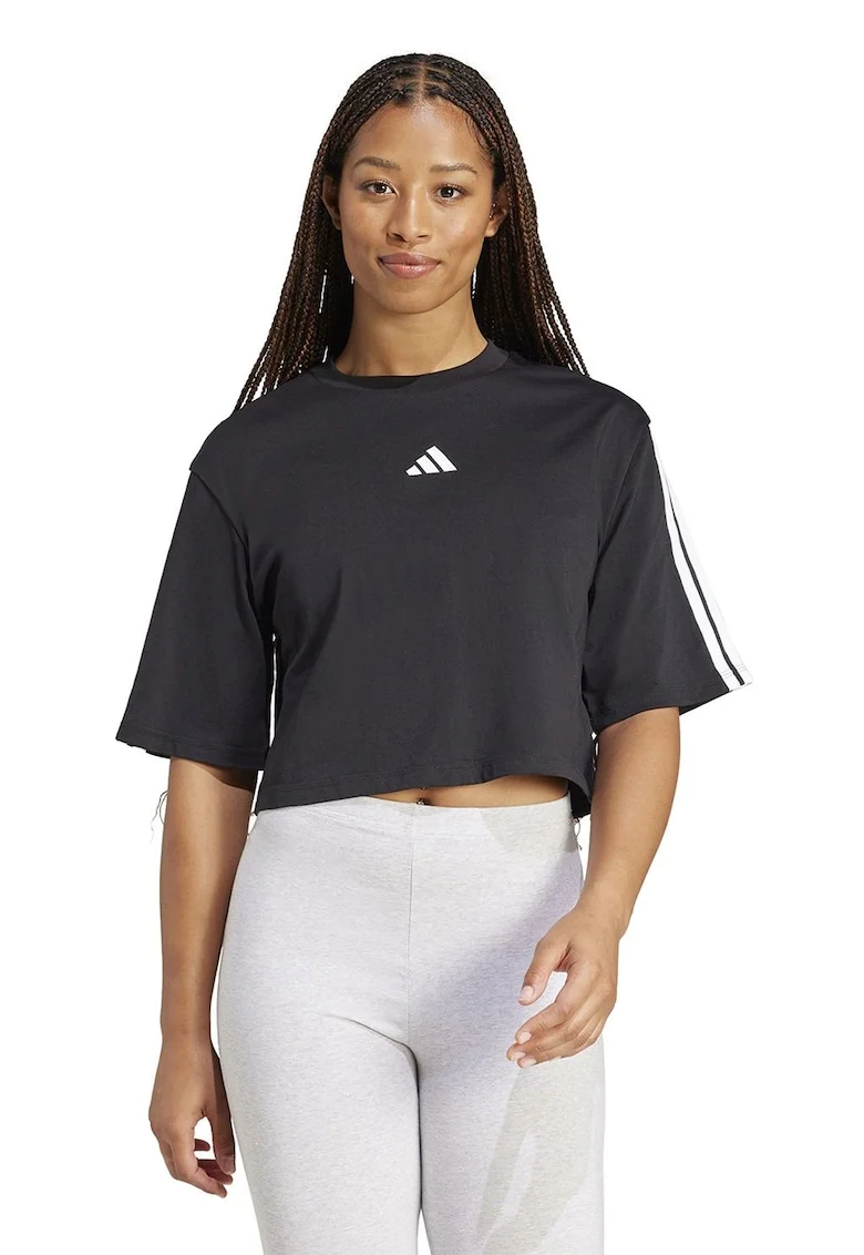 Tricou crop cu croiala lejera si logo, Negru