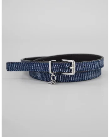 Curea ingusta de denim cu accesoriu logo, Bleumarin