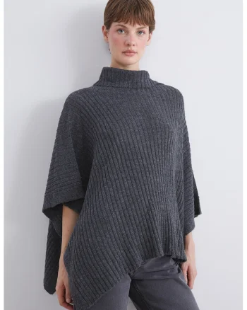 Poncho striat cu guler inalt, Gri inchis