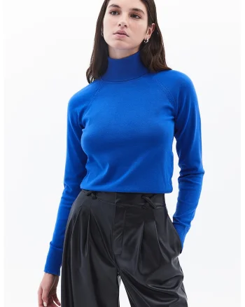 Pulover cu guler inalt si maneci raglan, Albastru royal