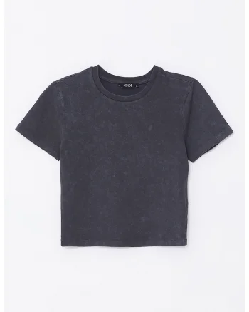 Tricou crop cu decolteu la baza gatului, Gri antracit