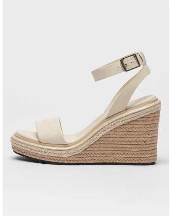 Sandale din piele cu talpa wedge si catarama, Alb murdar