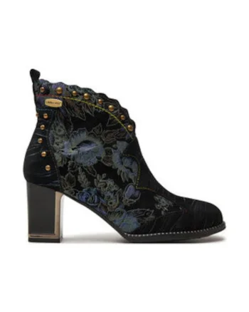Botine dama,  piele naturala, imprimeu floral, toc stabil, negru