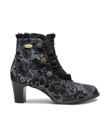 Botine dama,  piele naturala, negru, model floral