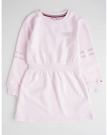 Rochie cu maneci lungi, talie elastica si imprimeu logo, Roz pal