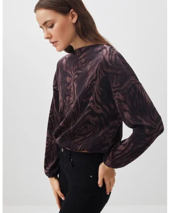 Bluza cu decolteu la baza gatului si animal print, Negru/Maro