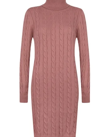 Rochie-pulover cu model torsade, Roz prafuit