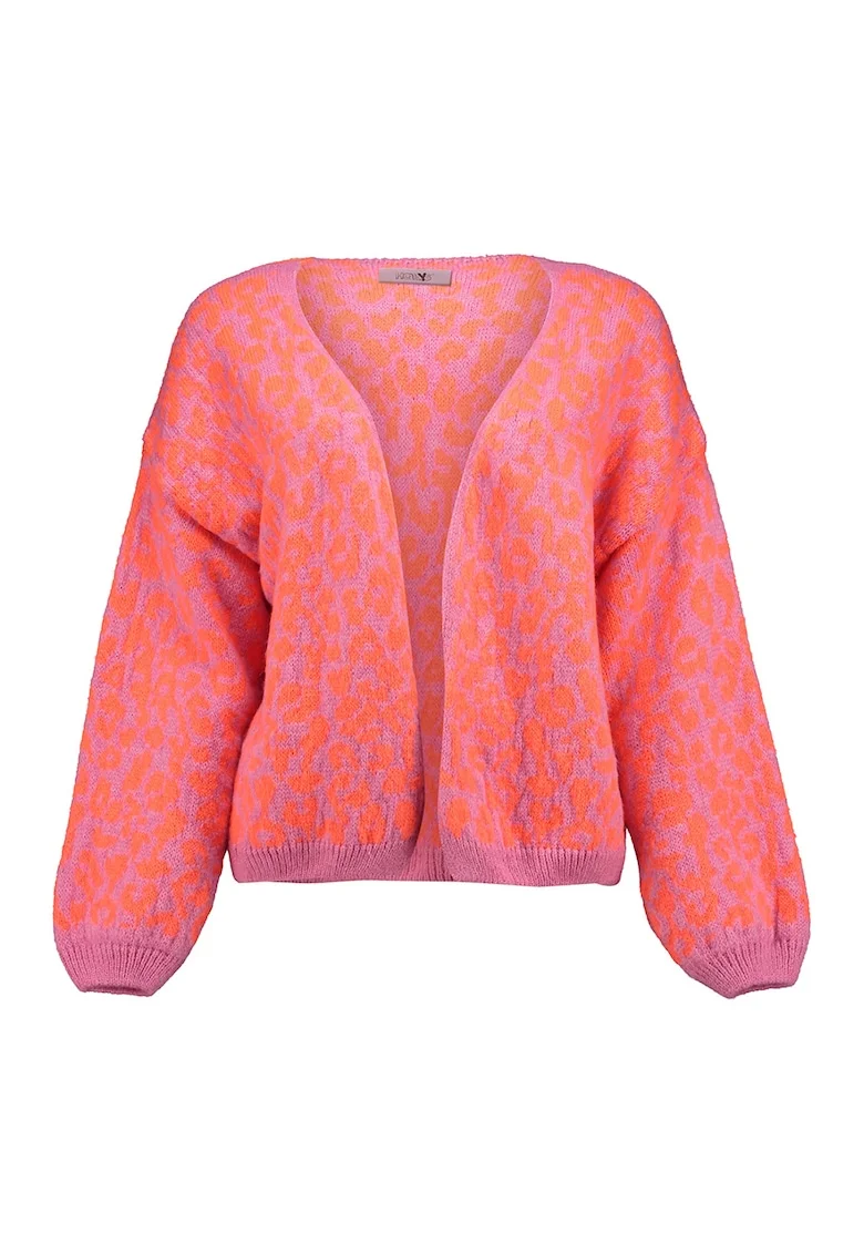 Cardigan lejer cu imprimeu leopard, fara inchidere, Portocaliu/Roz