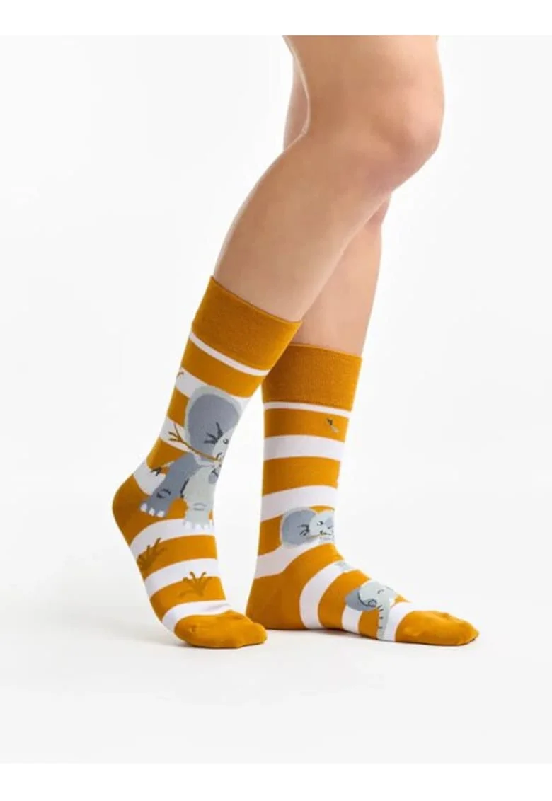 Sosete colorate cu dungi si elefanti  Elephant & Stripes, Galben mustar
