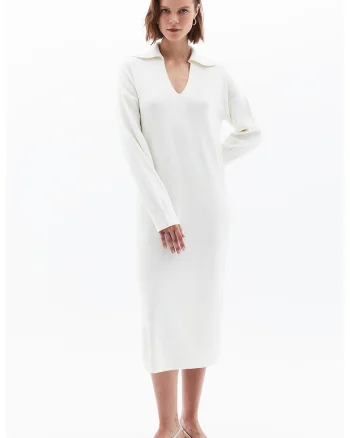 Rochie-pulover cu decolteu in V, Crem