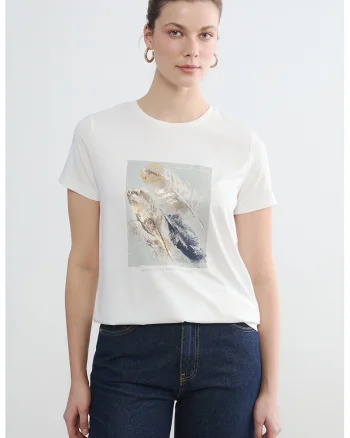 Tricou cu decolteu la baza gatului si imprimeu, Alb optic