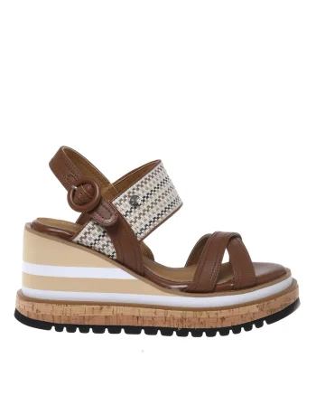 Sandale wedge ce detalii de piele, Maro