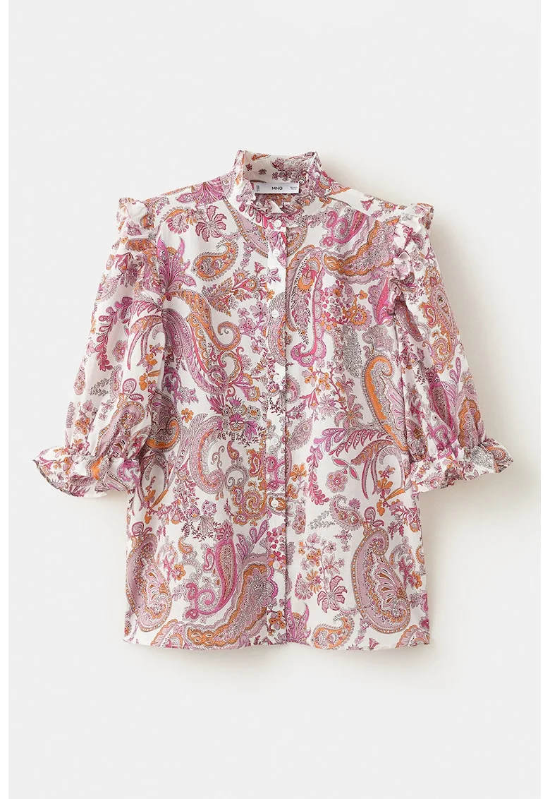 Bluza cu maneci trei sferturi si model paisley, Alb/Roz prafuit