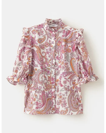 Bluza cu maneci trei sferturi si model paisley, Alb/Roz prafuit