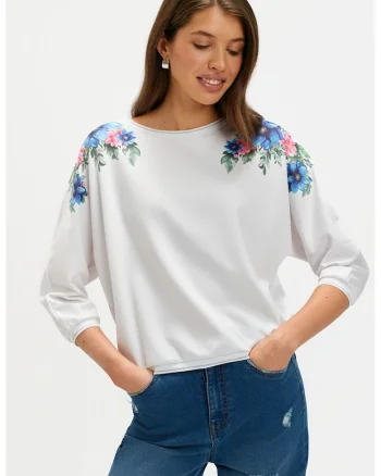 Bluza cu model floral, Alb/Albastru