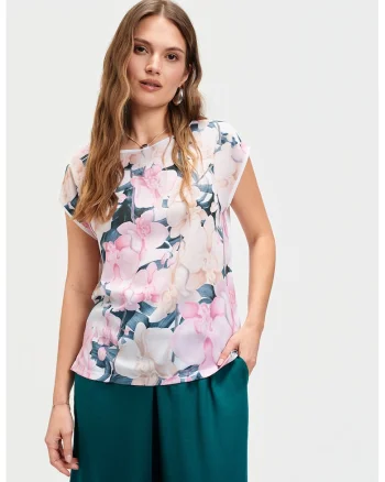 Bluza cu maneci scurte si imprimeu floral, Alb/Roz/Bleumarin