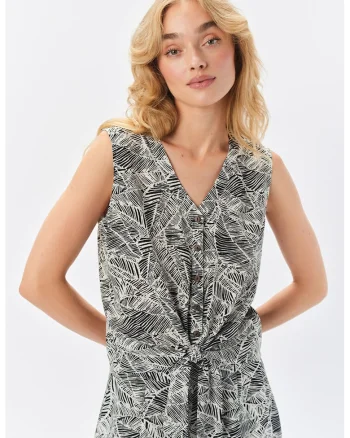 Bluza cu decolteu in V si terminatie cu snur, Alb/Negru