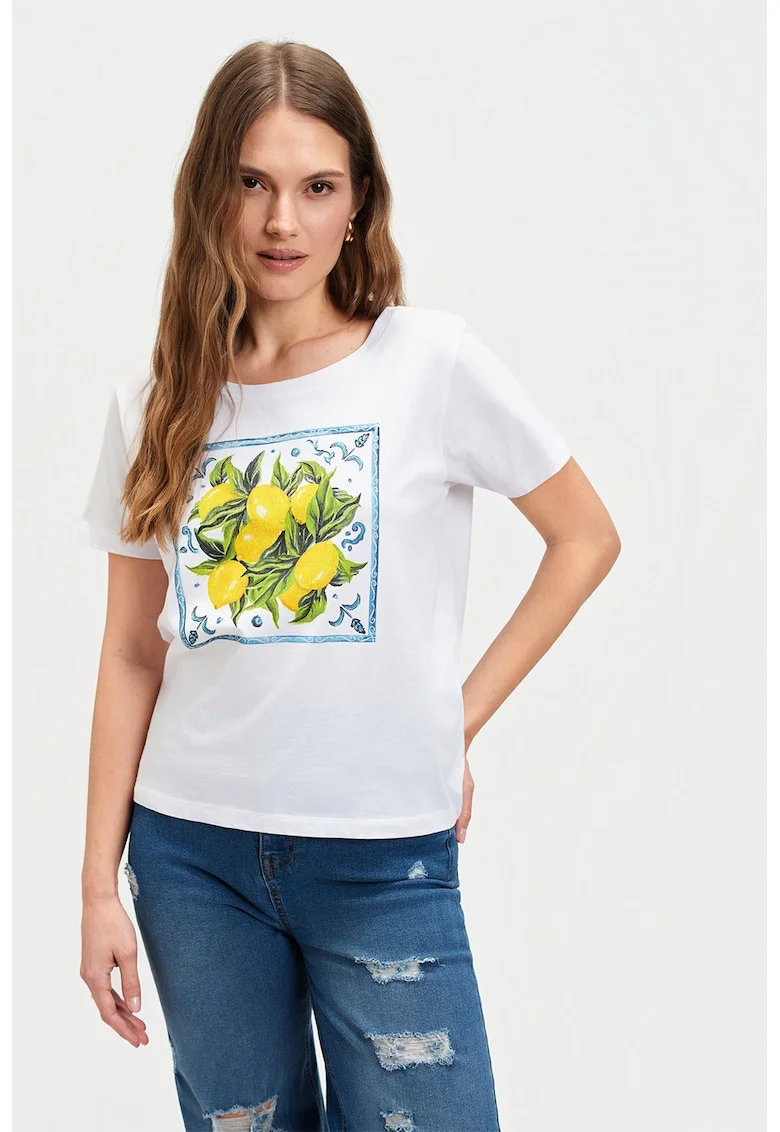 Tricou cu decolteu rotund si imprimeu grafic, Alb