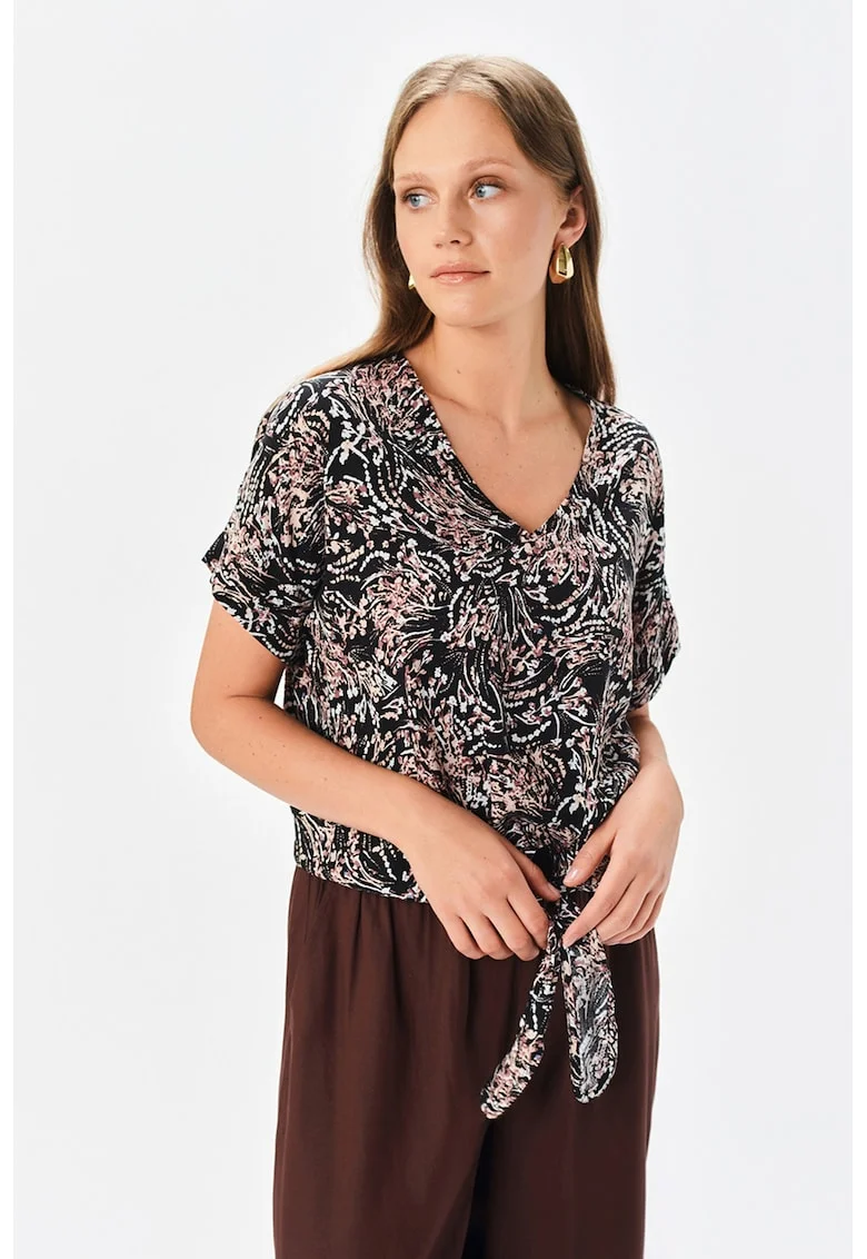 Bluza lejera cu decolteu in V, Alb/Negru/Roz prafuit
