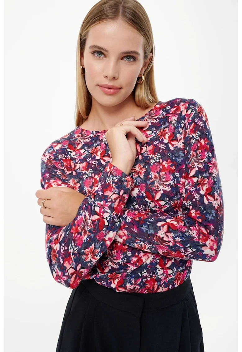 Pulover cu model si decolteu rotund, Rosu/Albastru inchis/Alb optic