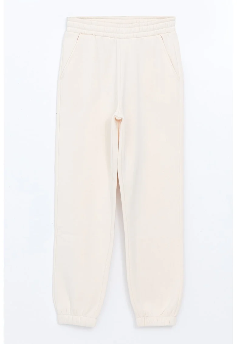 Pantaloni de trening din amestec de bumbac cu buzunare laterale, Crem