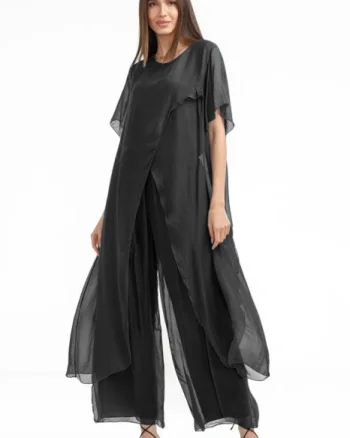 Compleu cu pantaloni lejeri si bluza fluida in colturi lungi, din matase si vascoza, gri inchis
