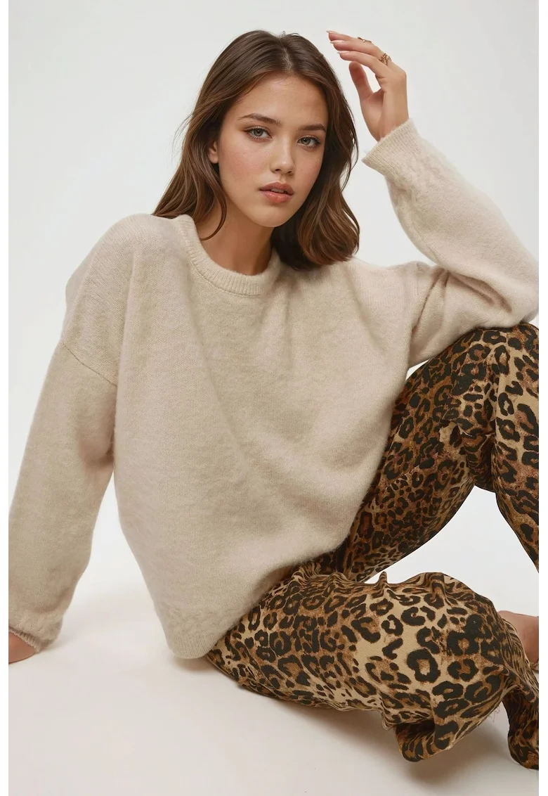 Pulover dama,  pulover cu guler rotund, textura impletita, tricot, Crema naturala,