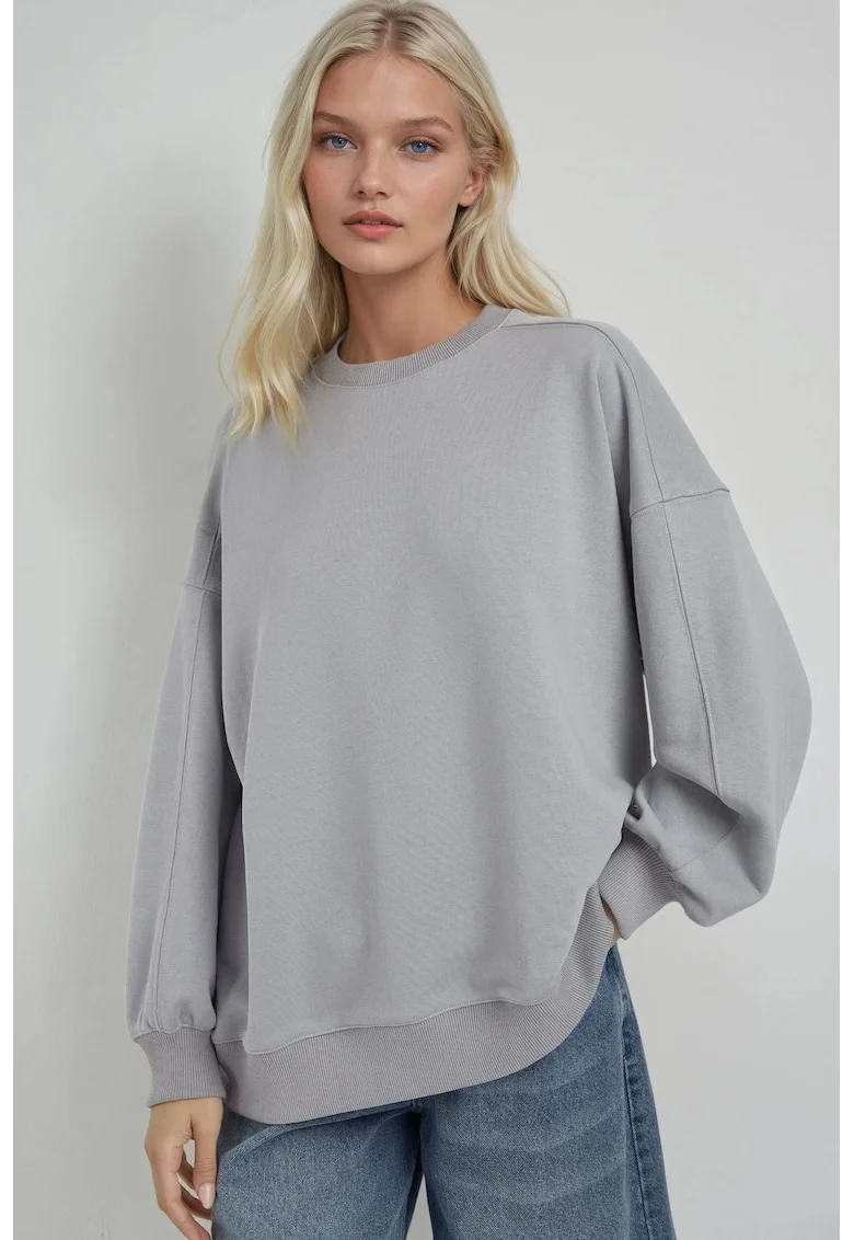 Hanorac tricotat,  guler rotund, croiala lejera, gri, tricot