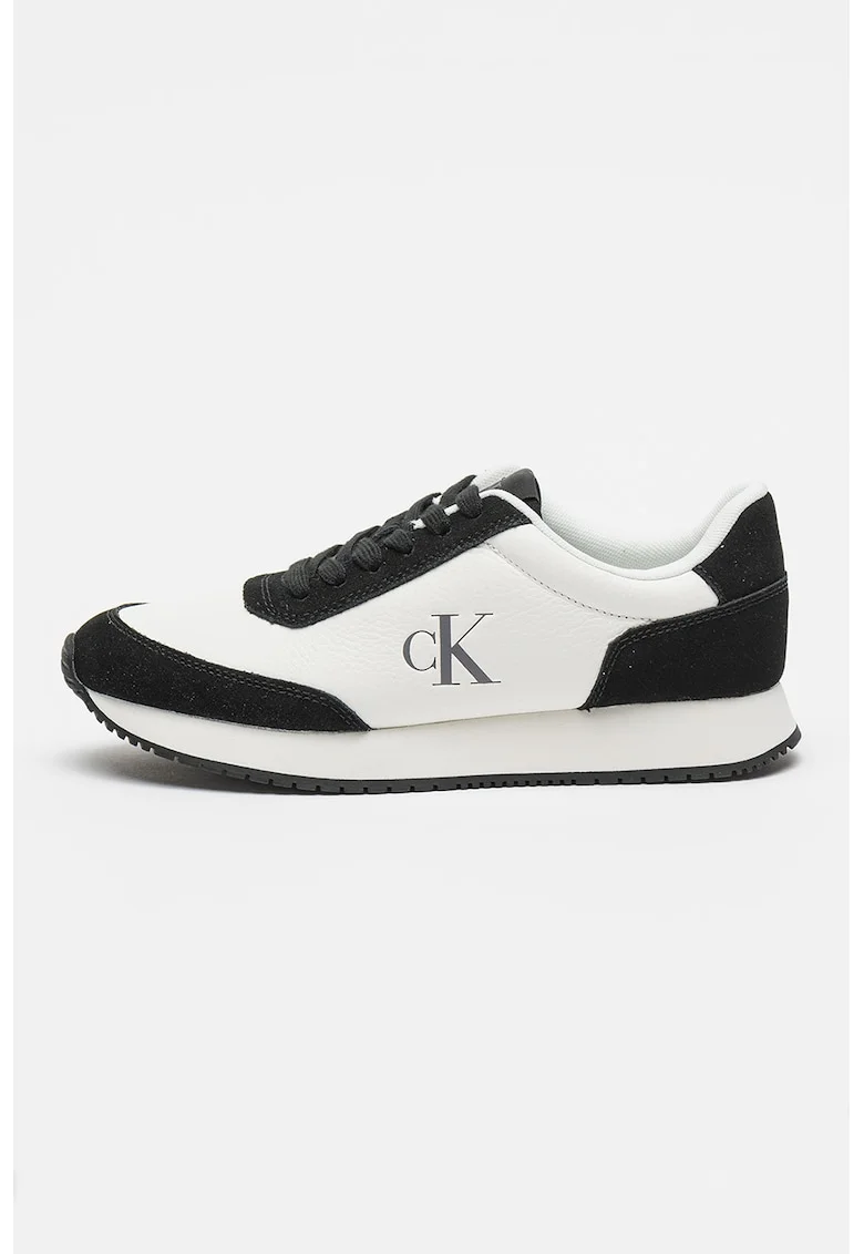 Pantofi sport low-cut din piele si piele intoarsa cu siret, pentru alergat, Negru stins/Alb murdar