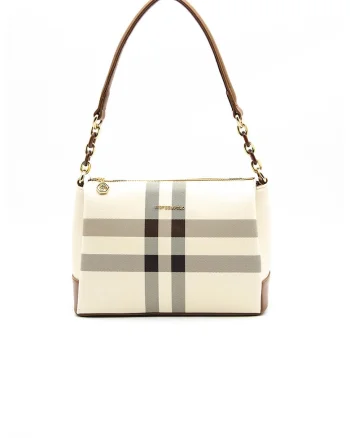 Geanta de piele ecologica  cu model in carouri, Negru/Maro/Crem, 20x25x11