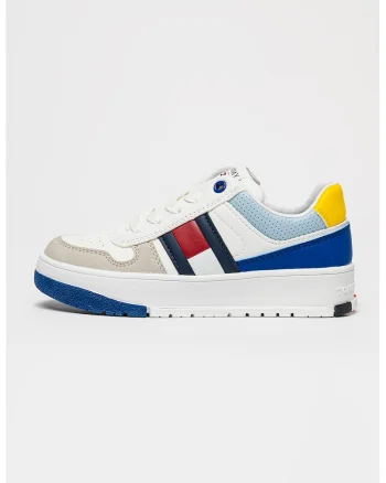 Pantofi sport din piele ecologica cu model colorblock, Alb/Albastru royal