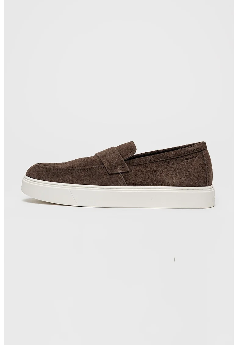 Pantofi loafer din piele intoarsa cu varf rotund, Maro inchis