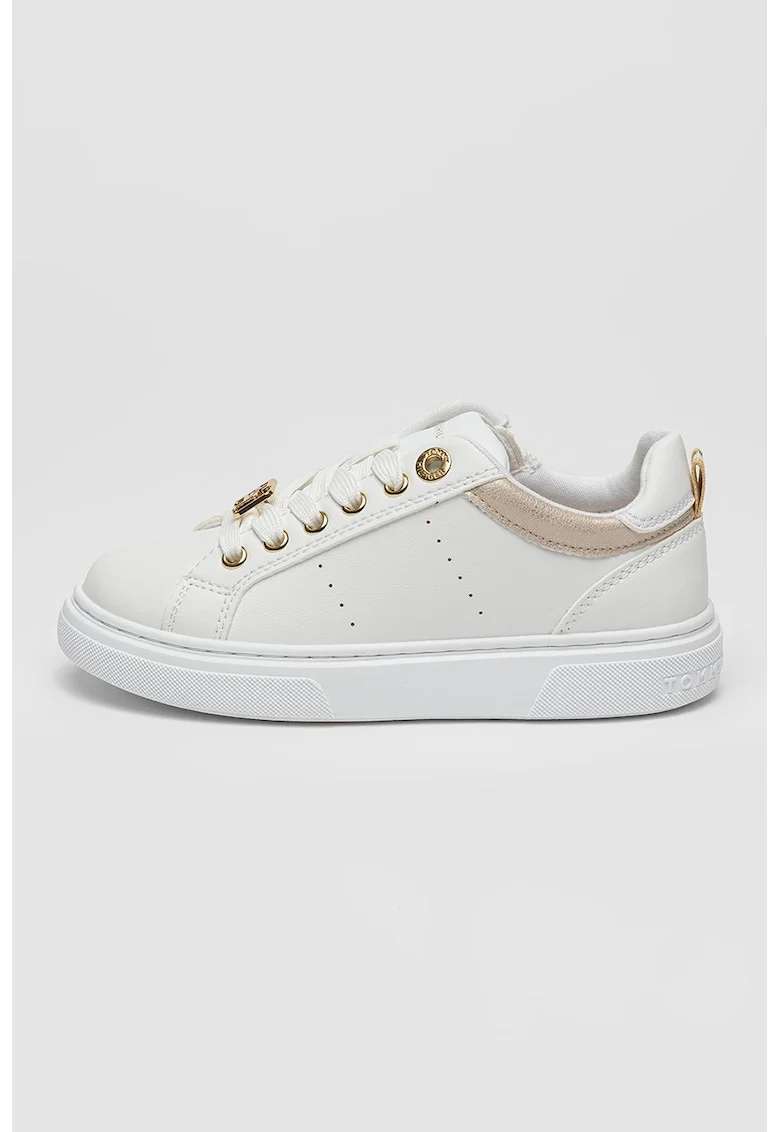 Pantofi sport low-cut din piele ecologica cu fermoar, Alb/Auriu