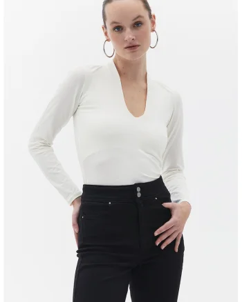 Bluza slim fit cu decolteu in U, Alb murdar