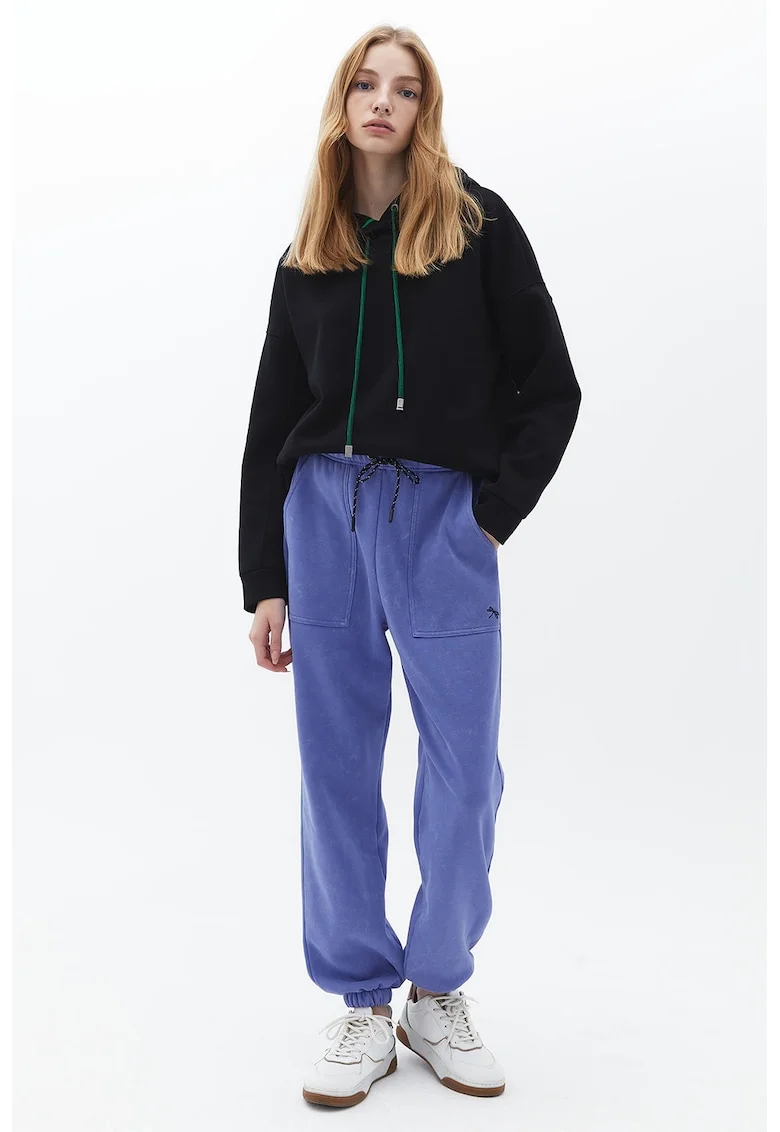 Pantaloni de trening din amestec de bumbac cu talie inalta, Albastru deschis