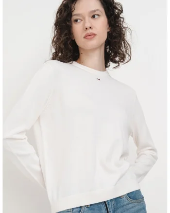 Pulover din bumbac organic cu decolteu la baza gatului, Alb
